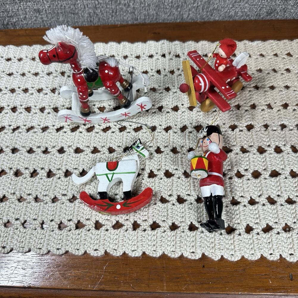 Vtg Set of 4 Hand Painted Wooden Christmas Ornaments Plane Rocking Horse Soldier